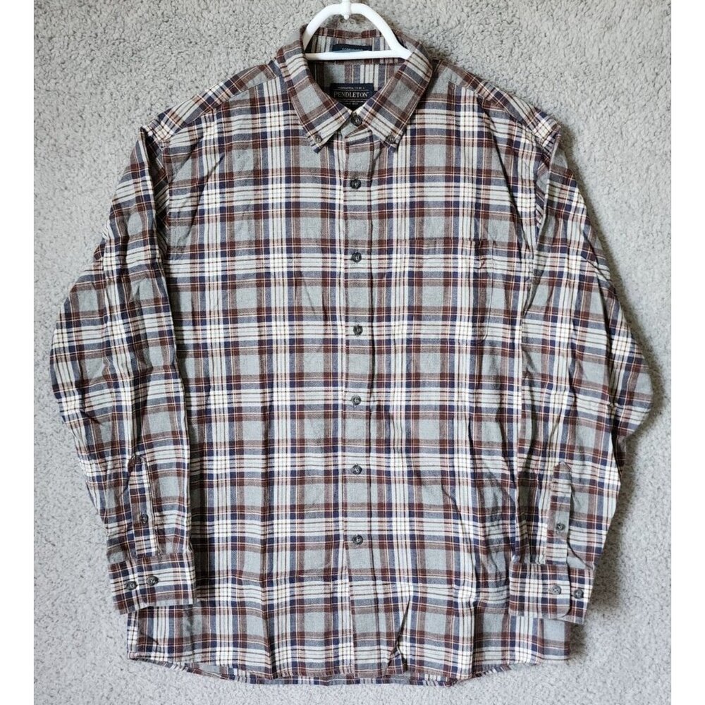 Pendleton Somerset Gray Plaid Long Sleeve Button Down Shirt Size L Cotton Wool
